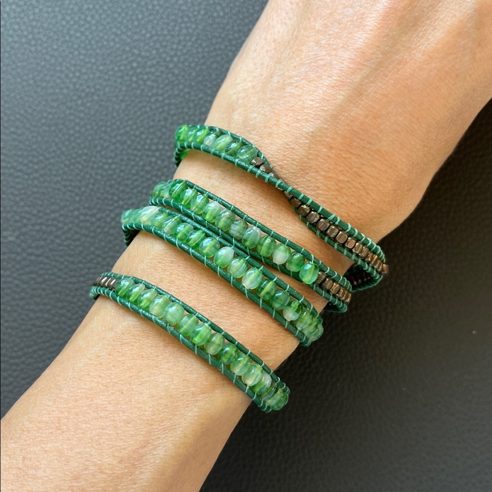 Green Beaded / copper Wrap Bracelet